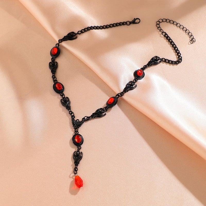 Cicod Gothic Y Necklace,Goth Black Red Crystal Bead Teardrop Necklace,Punk Y Necklace,Halloween Christmas New Year Jewelry Vampire Accessories for Women - Image 5